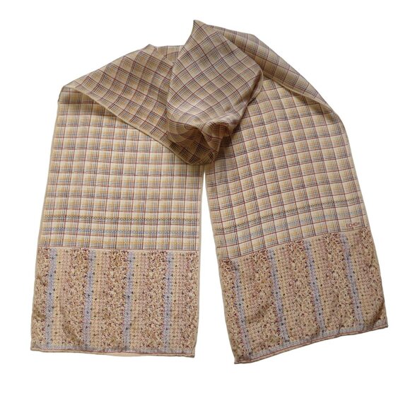 Vintage ECHO Autumnal Long Silk Scarf 57"x9" Muted Plaid Floral Border - Picture 2 of 8